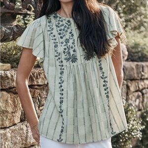 J Jill Top Babydoll Boho Peasant Flutter Sleeve Button Embroidery